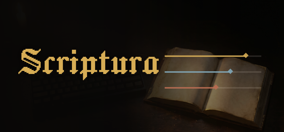 Scriptura capsule artwork: a glowing open book beside the game's pixel wordmark